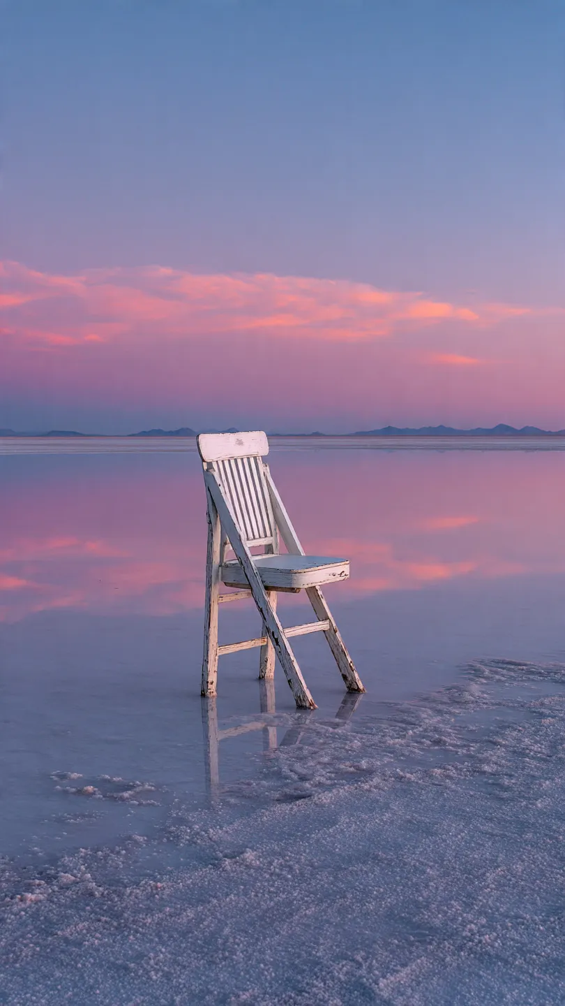A chair at the edge of a salt flat at dusk.