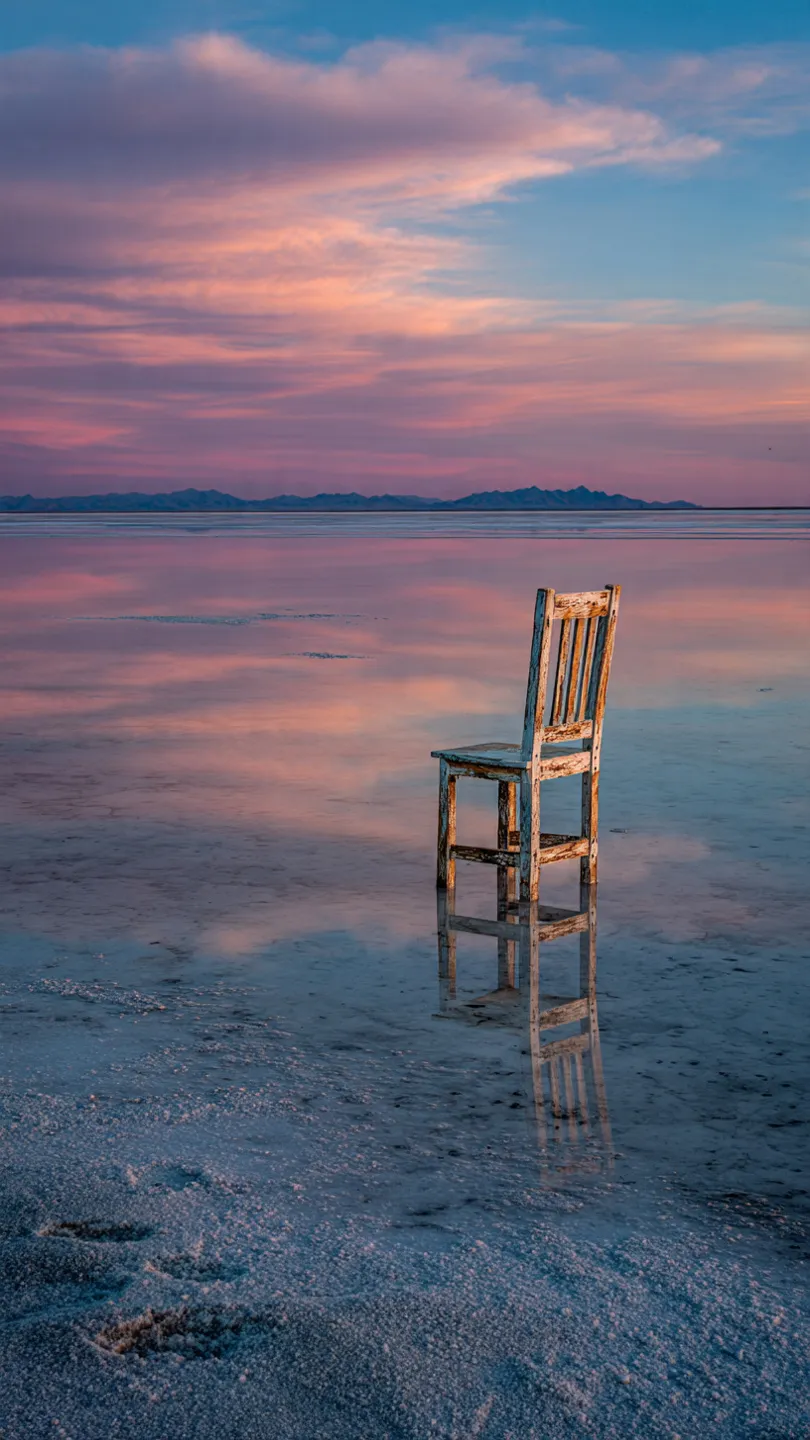 A chair at the edge of a salt flat at dusk.