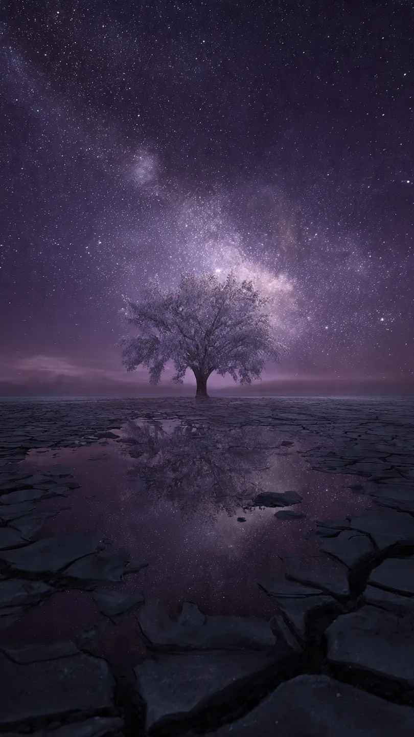 A solitary, ancient tree with silver-blue leaves stands in the center of a vast, still field.