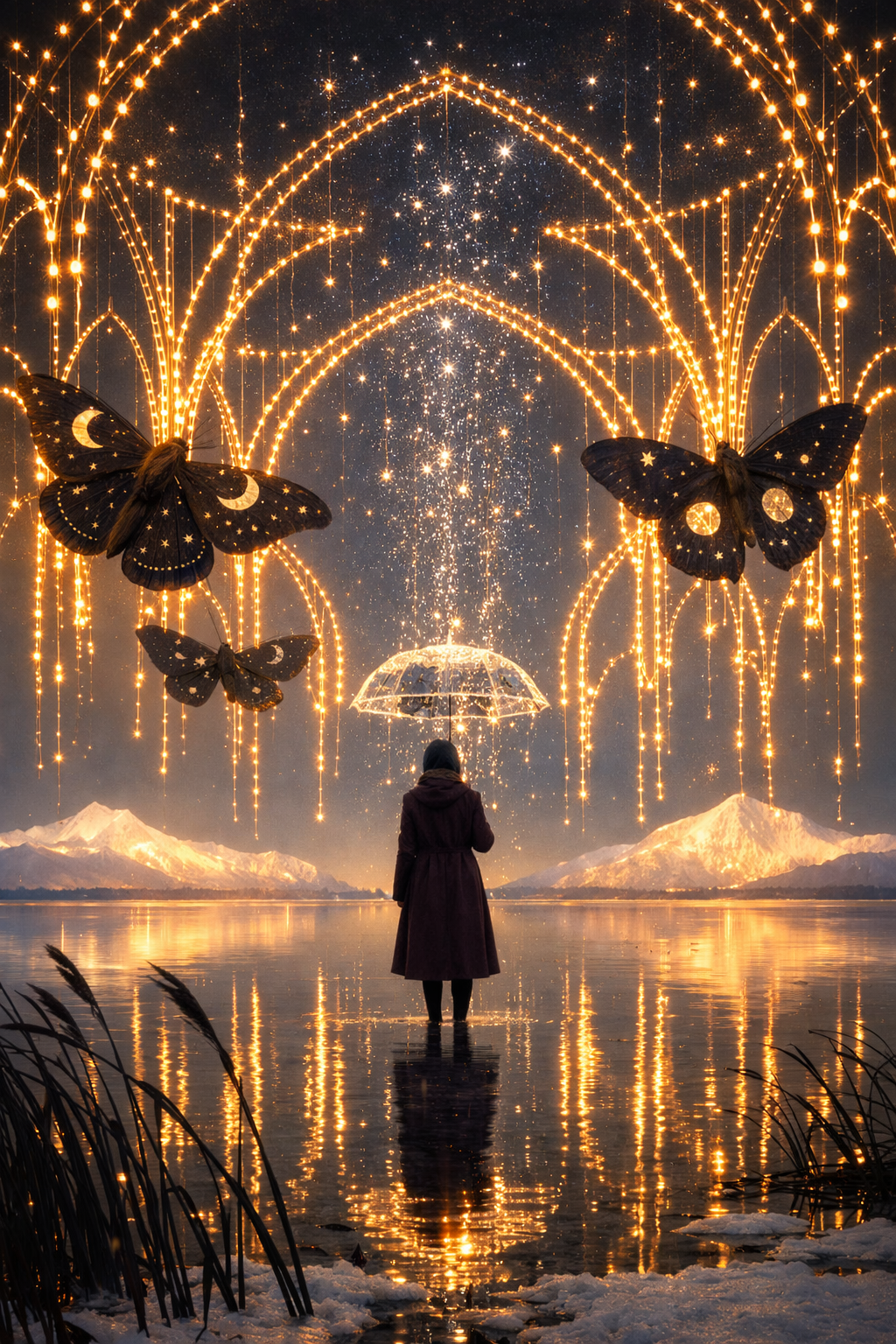 Enchanted cathedral over shimmering lake