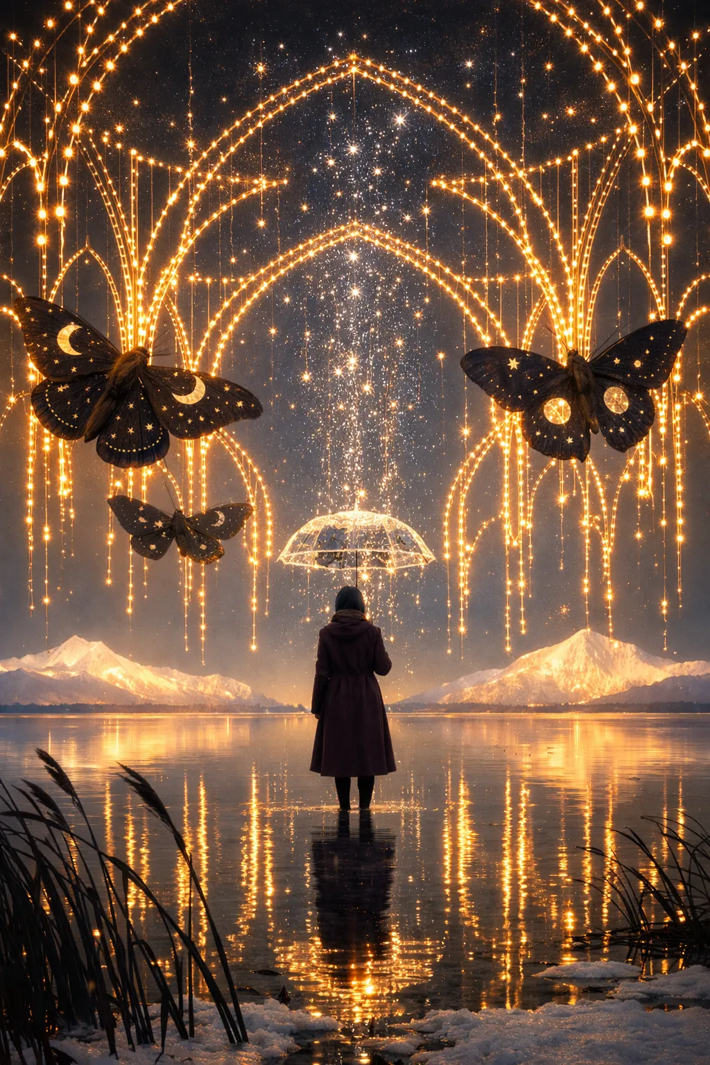 Enchanted cathedral over shimmering lake