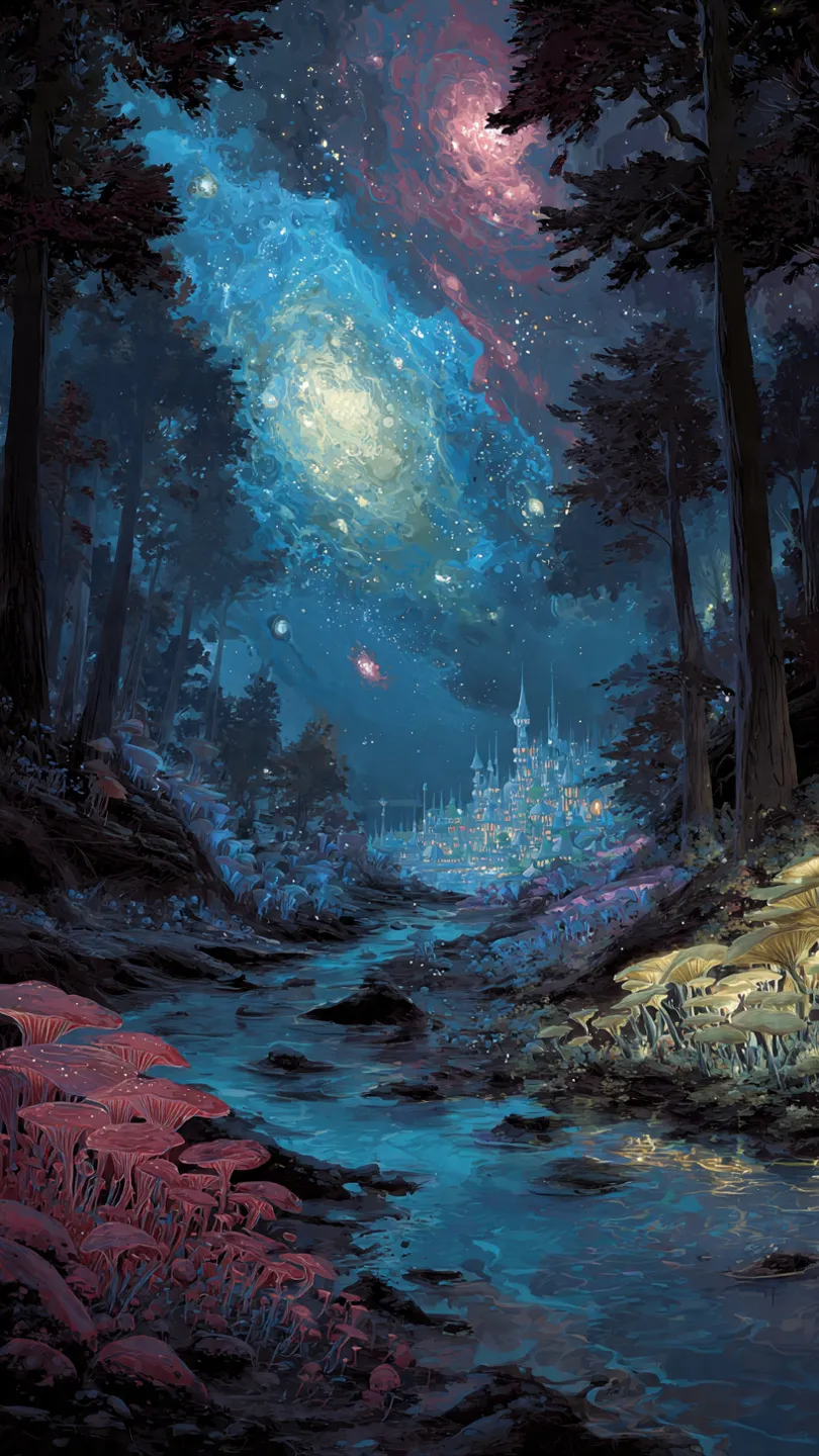 Moonlit river, crystal forest