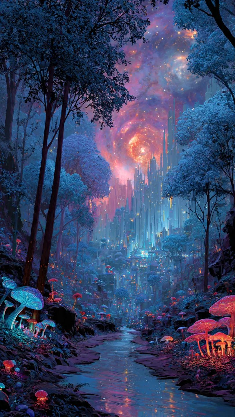 Moonlit river, crystal forest