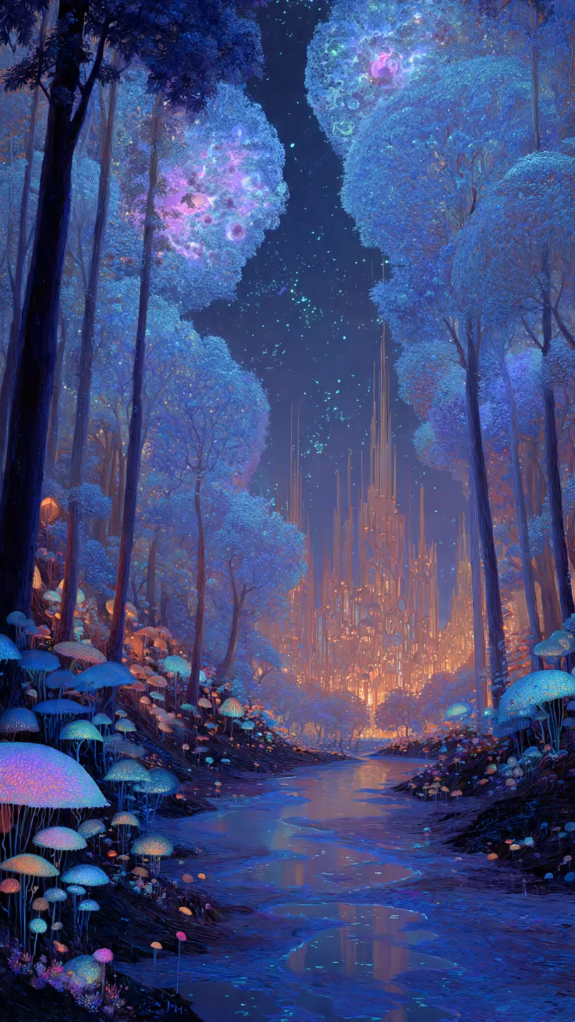 Moonlit river, crystal forest