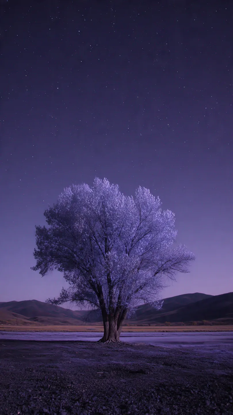 A solitary, ancient tree with silver-blue leaves stands in the center of a vast, still field.