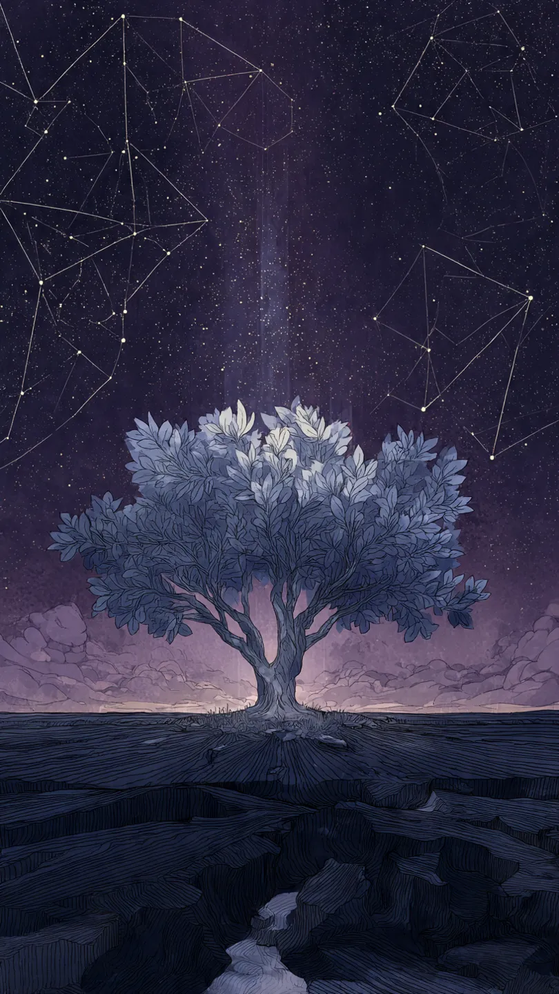 A solitary, ancient tree with silver-blue leaves stands in the center of a vast, still field.