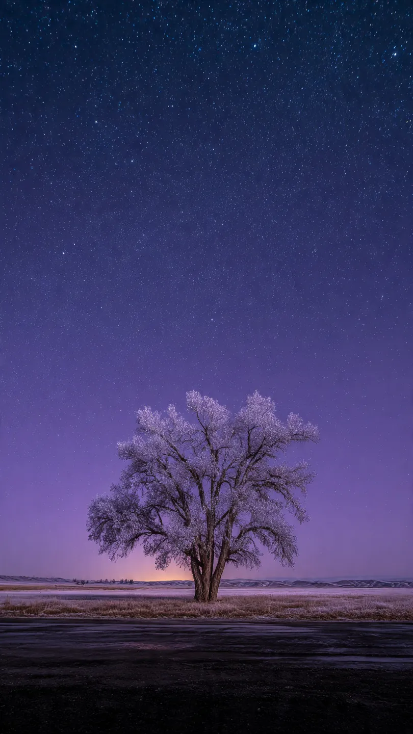 A solitary, ancient tree with silver-blue leaves stands in the center of a vast, still field.