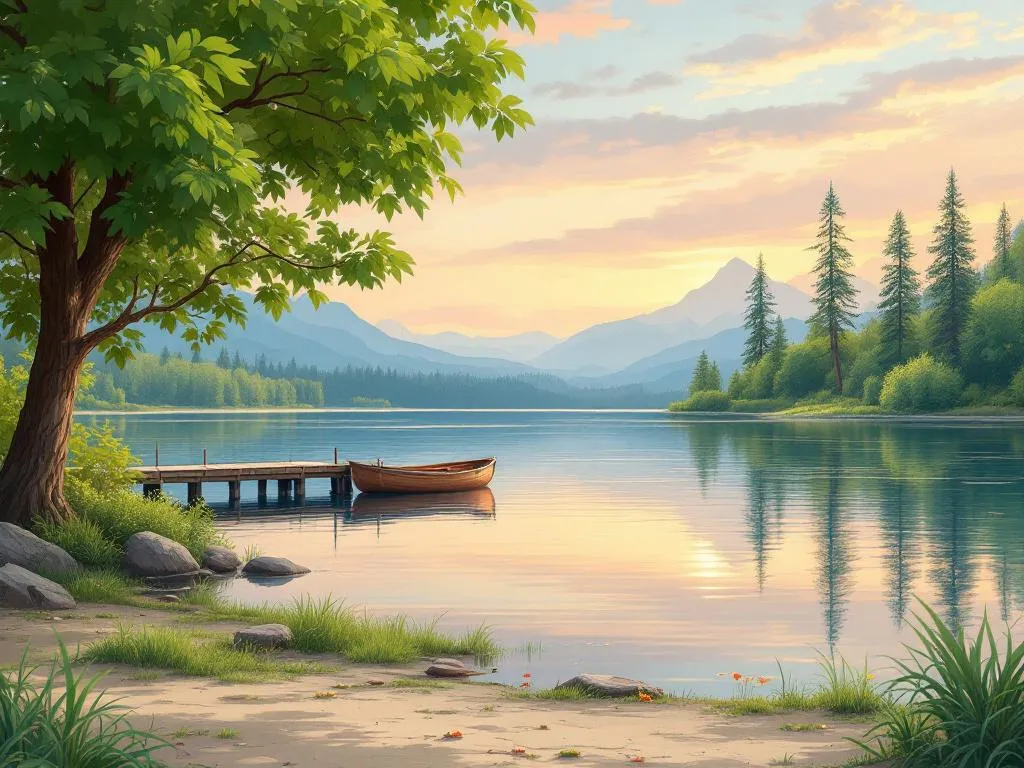 A tranquil lakeside scene at sunset.