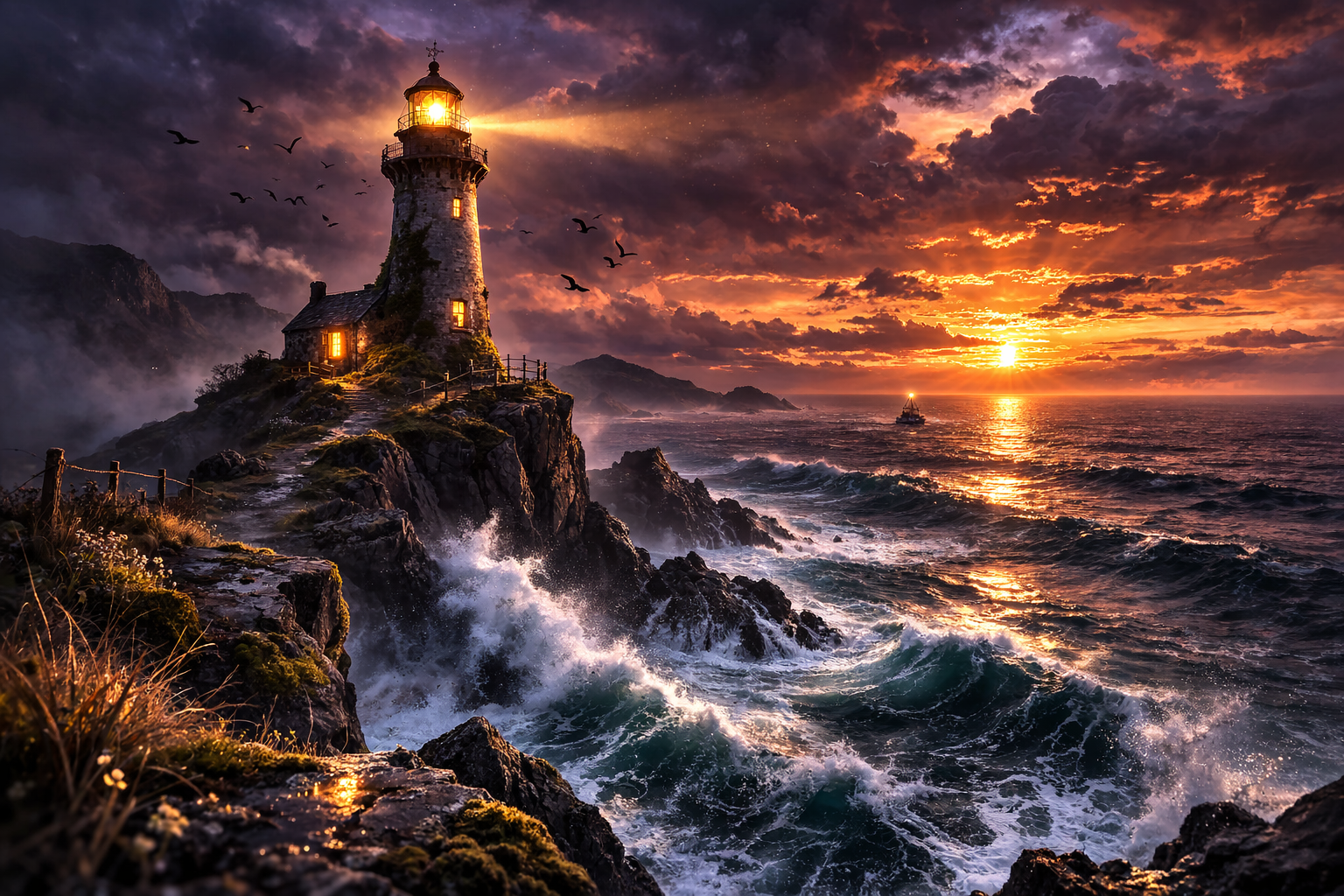 A lone lighthouse stands on a jagged cliff edge