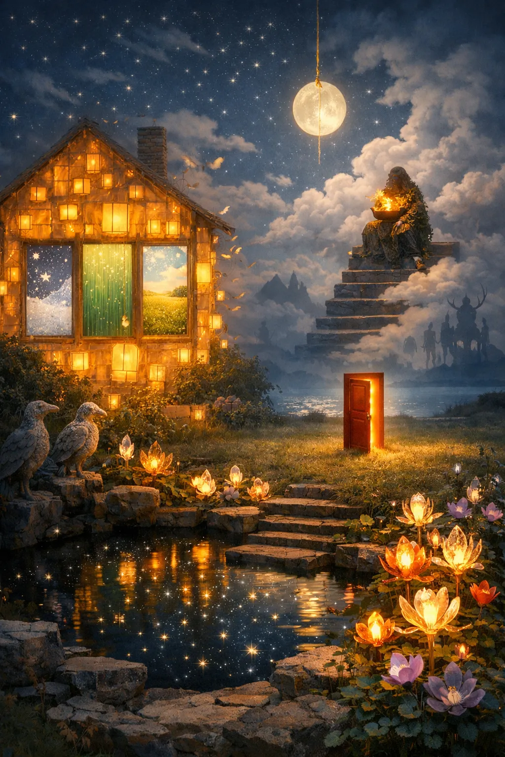 At the edge of a sleeping sea stood a house made of lantern light.