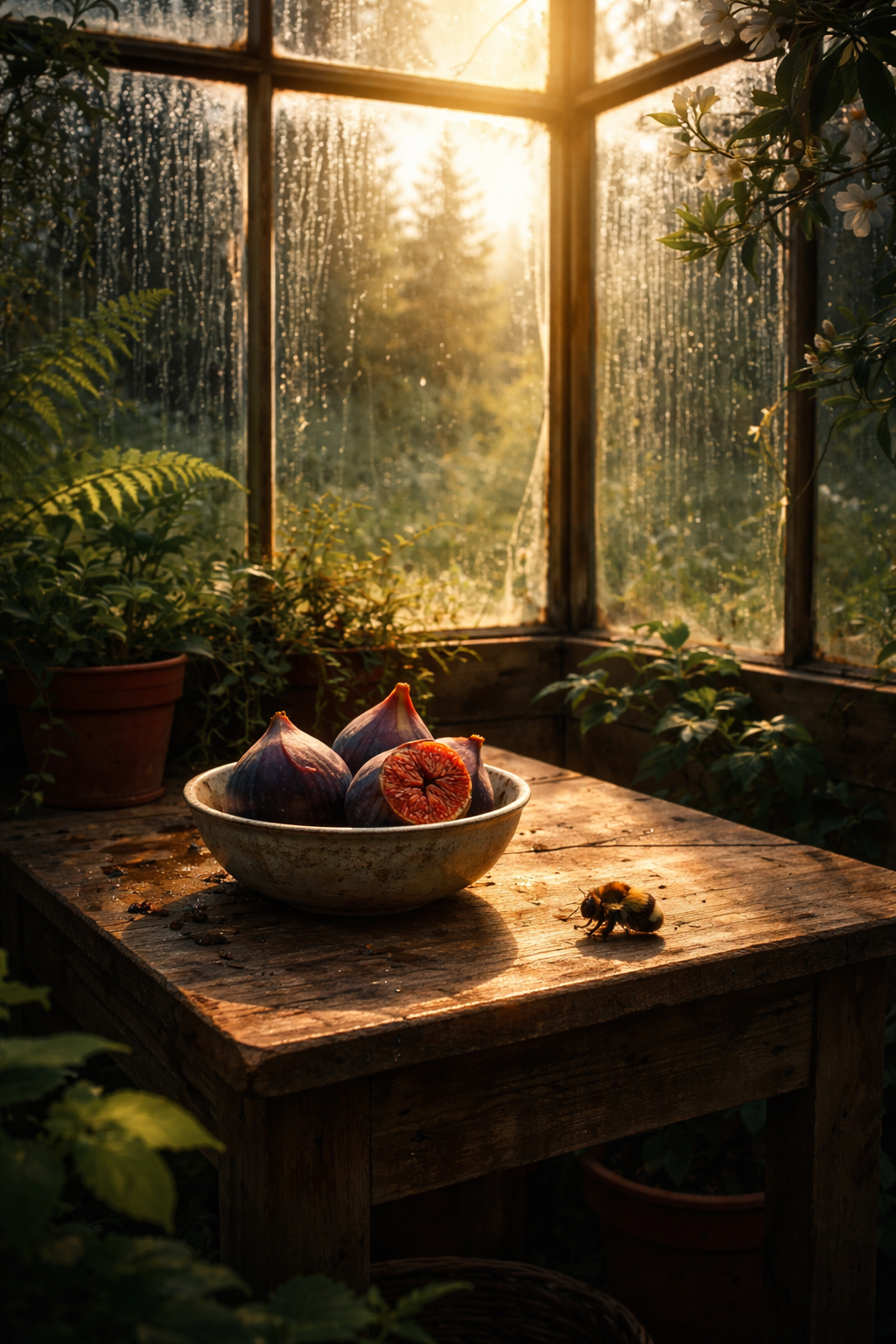 The rain stopped hours ago, but the glass of the old greenhouse still streams with slow, fat droplets.