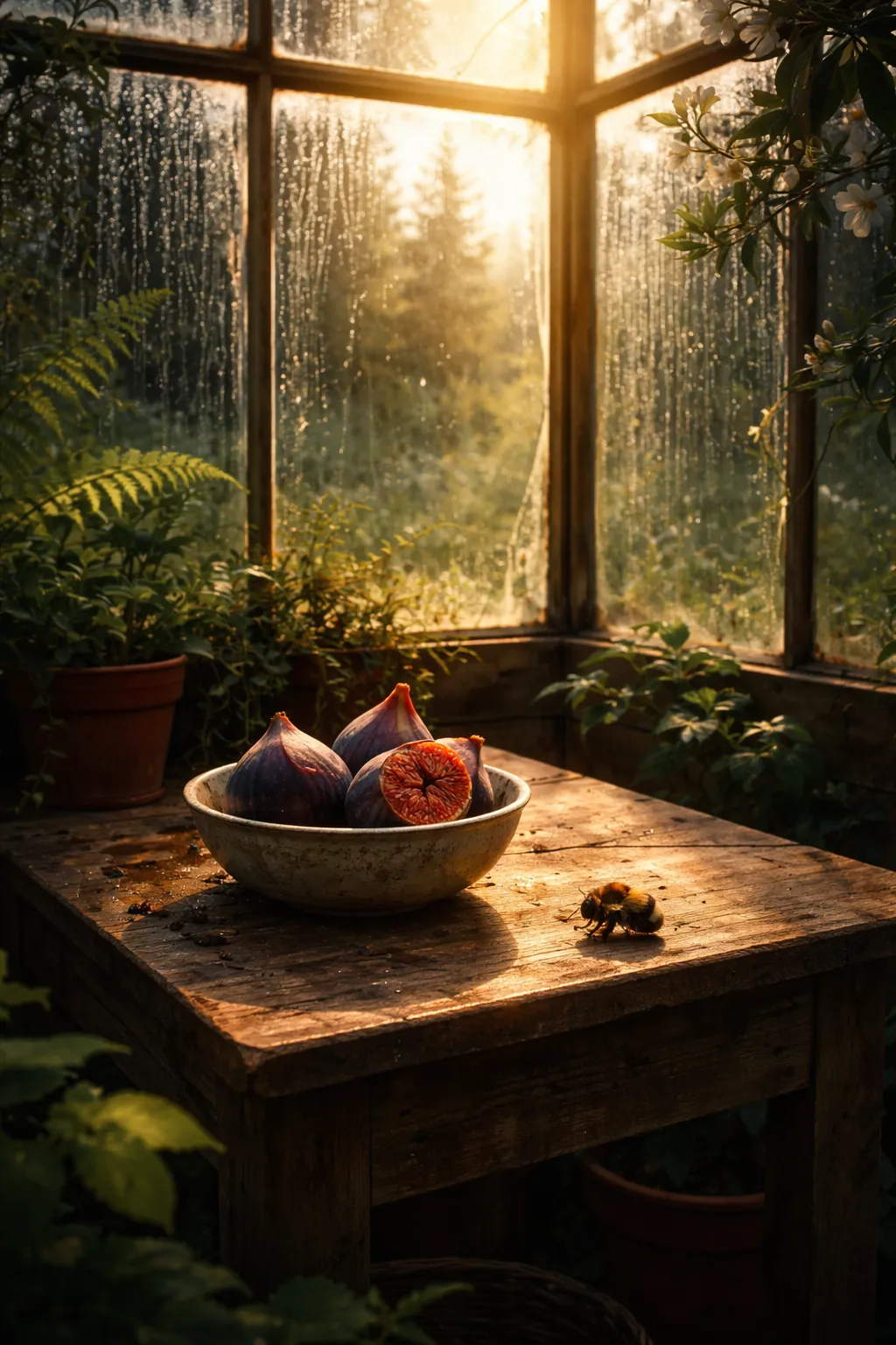 The rain stopped hours ago, but the glass of the old greenhouse still streams with slow, fat droplets.