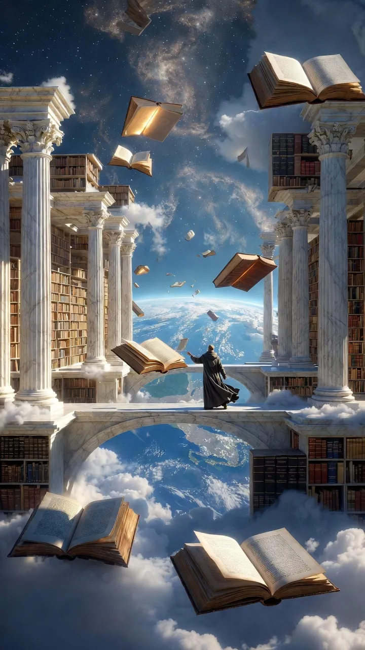 A library suspended in clouds, where books float like birds between marble columns.