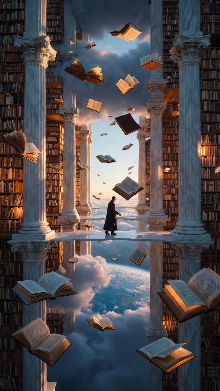 A library suspended in clouds, where books float like birds between marble columns.