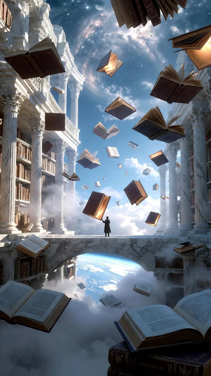 A library suspended in clouds, where books float like birds between marble columns.