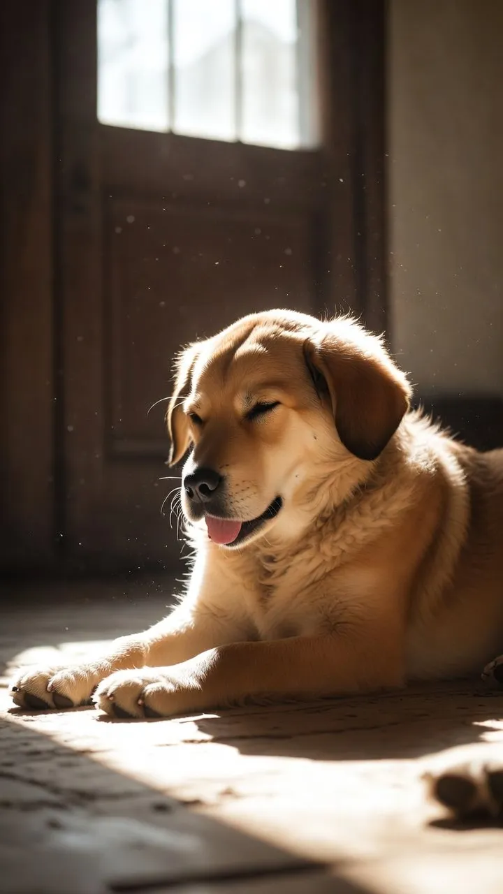 A dog asleep in a patch of afternoon sun on old floorboards.