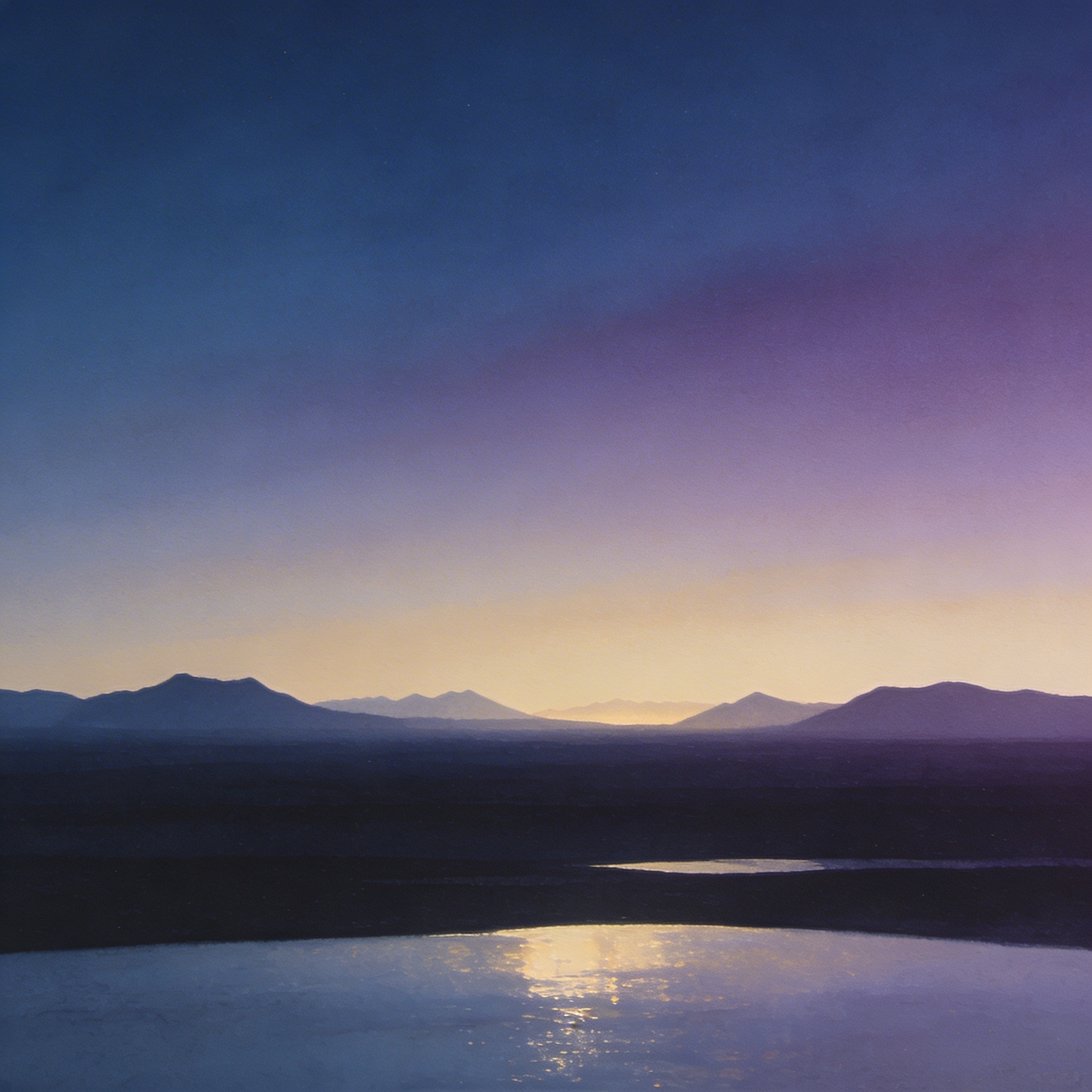 A calm, abstract landscape under a soft twilight sky