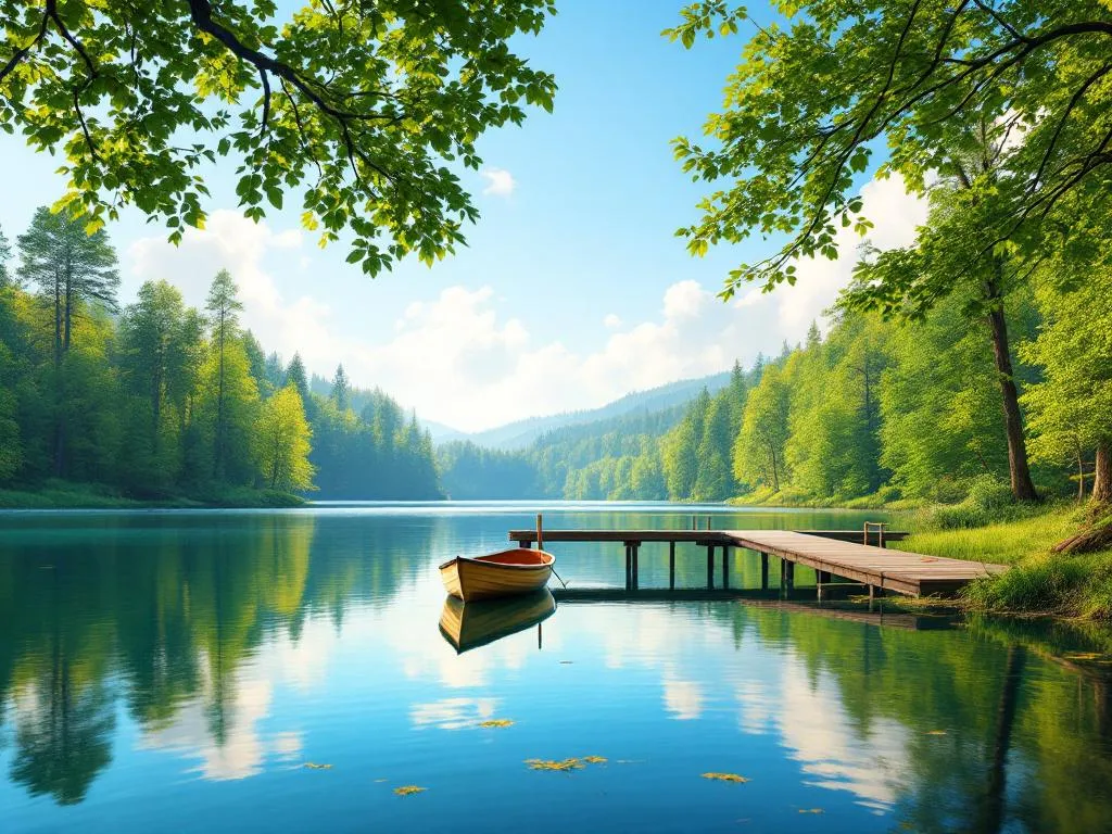 A tranquil lake surrounded by lush green forests.