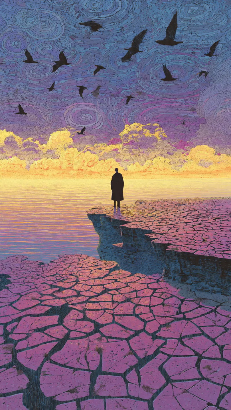 A lone figure stands at the edge of a cliff