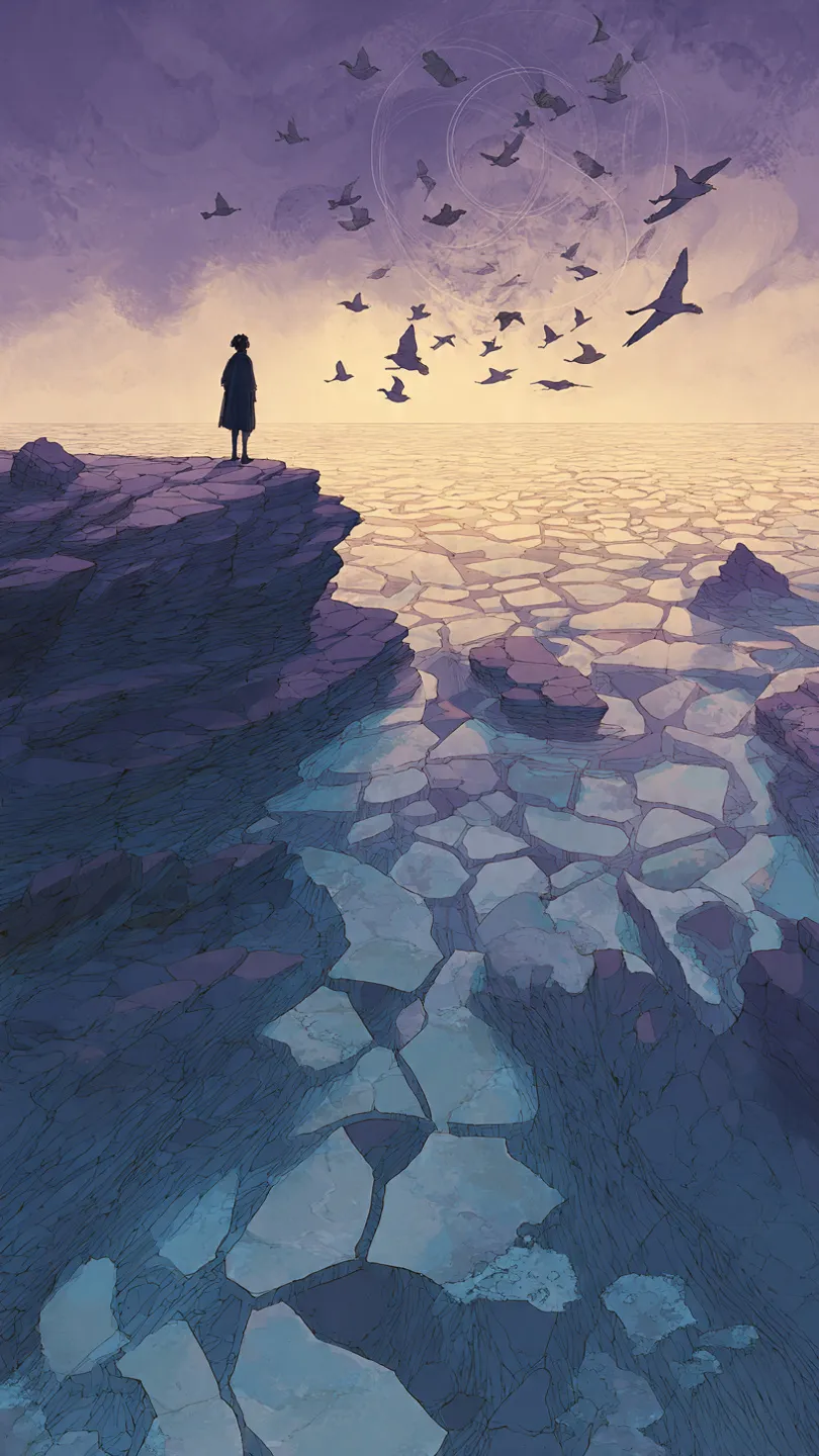 A lone figure stands at the edge of a cliff