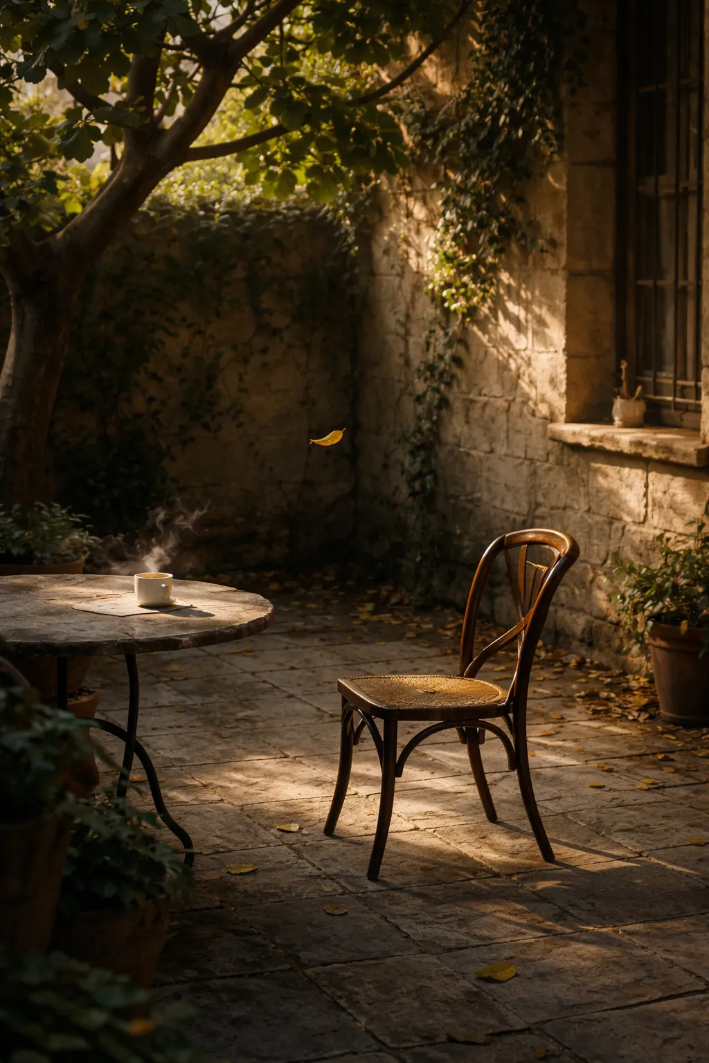 A courtyard in the hour before anyone arrives.