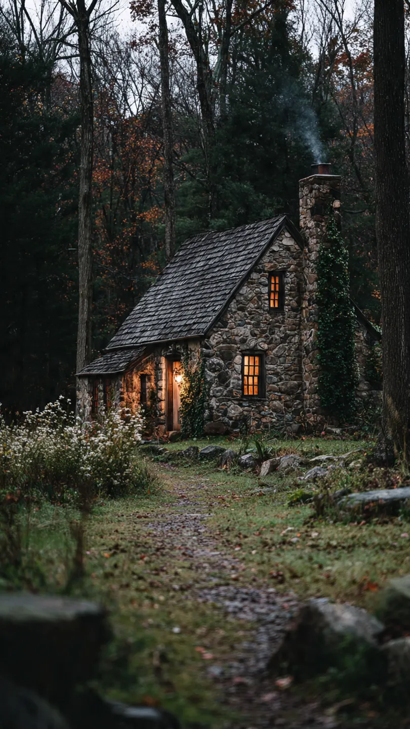 A small, weathered stone house sits at the edge of a quiet forest
