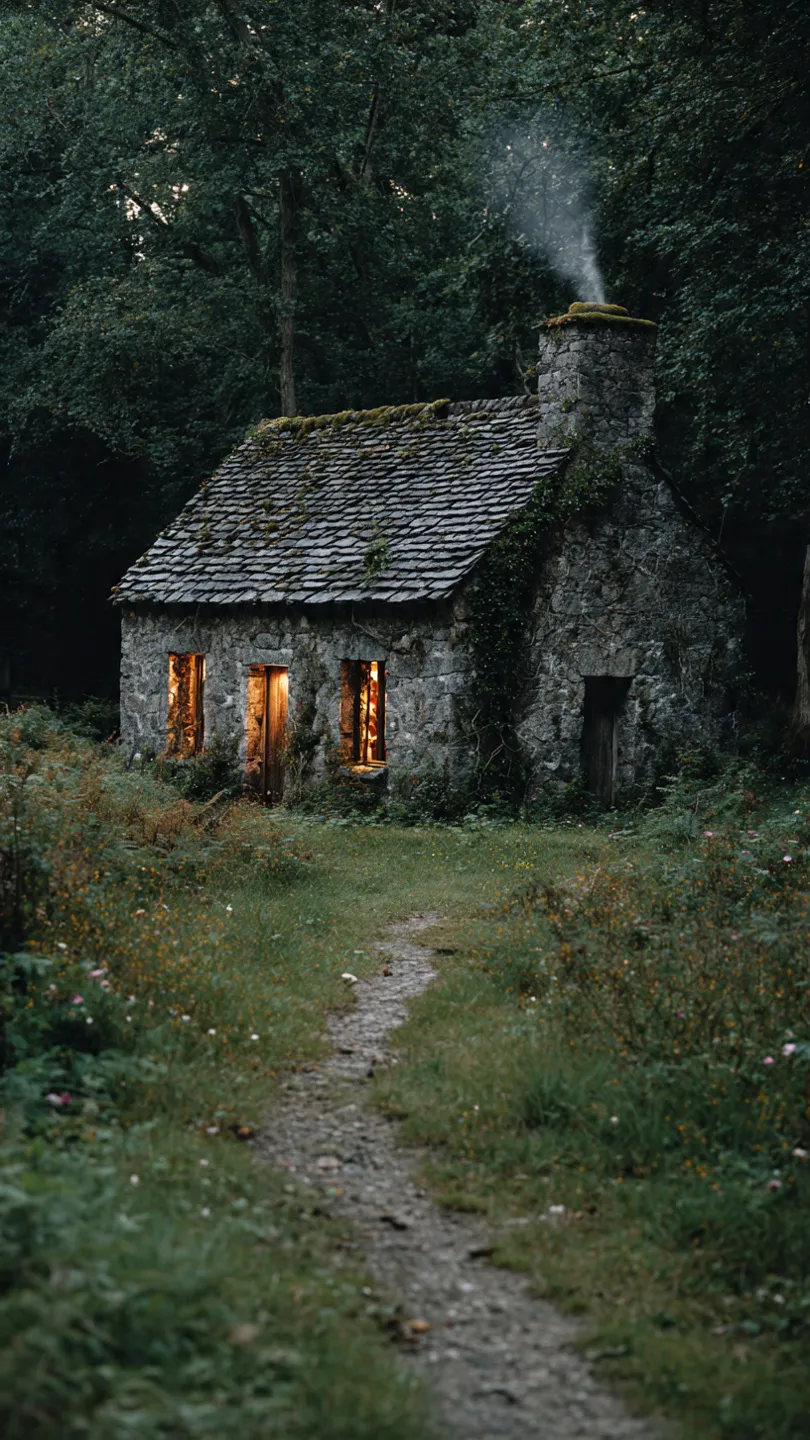 A small, weathered stone house sits at the edge of a quiet forest