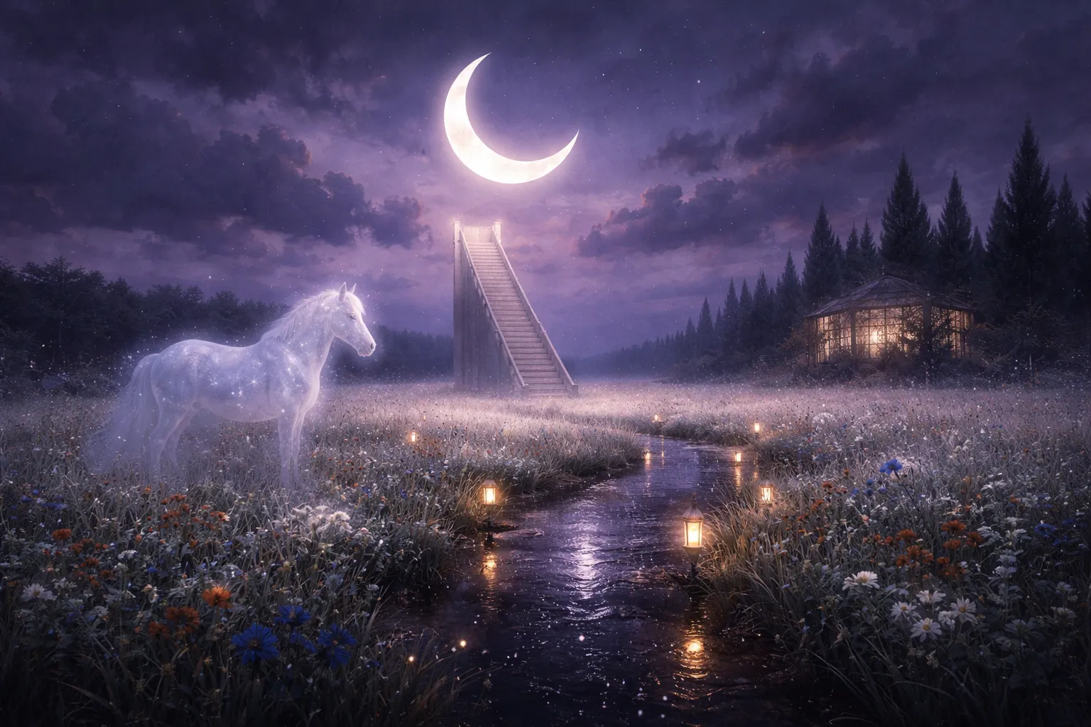 quiet field of silver grass under a bruised violet sky.