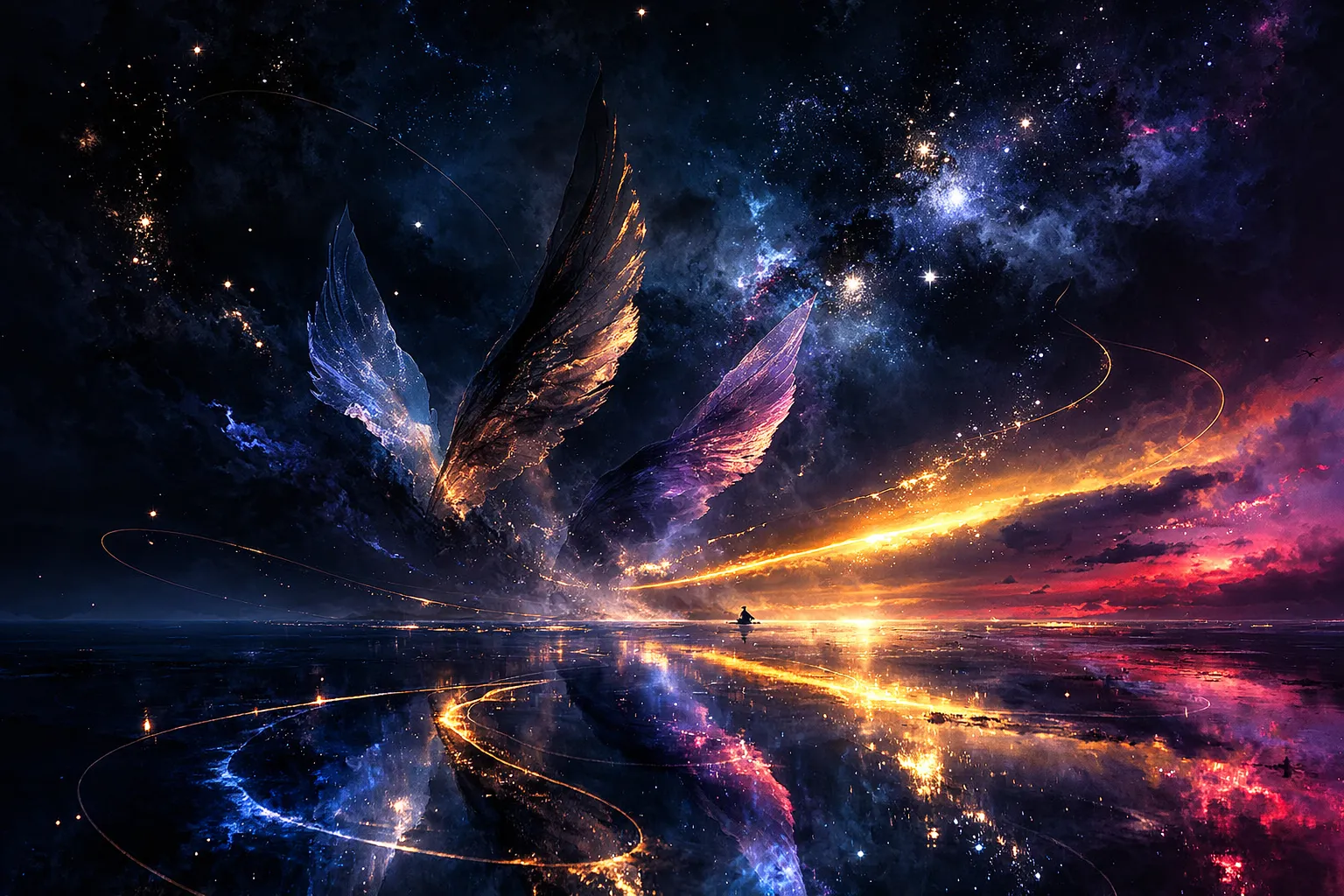 A deep, silent sea of ink‑blue night stretches to the horizon